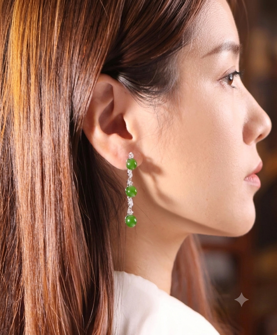 Canadian Polar Jade Earrings Three Beads Fashion Style Natural Jade 45mm|#1069