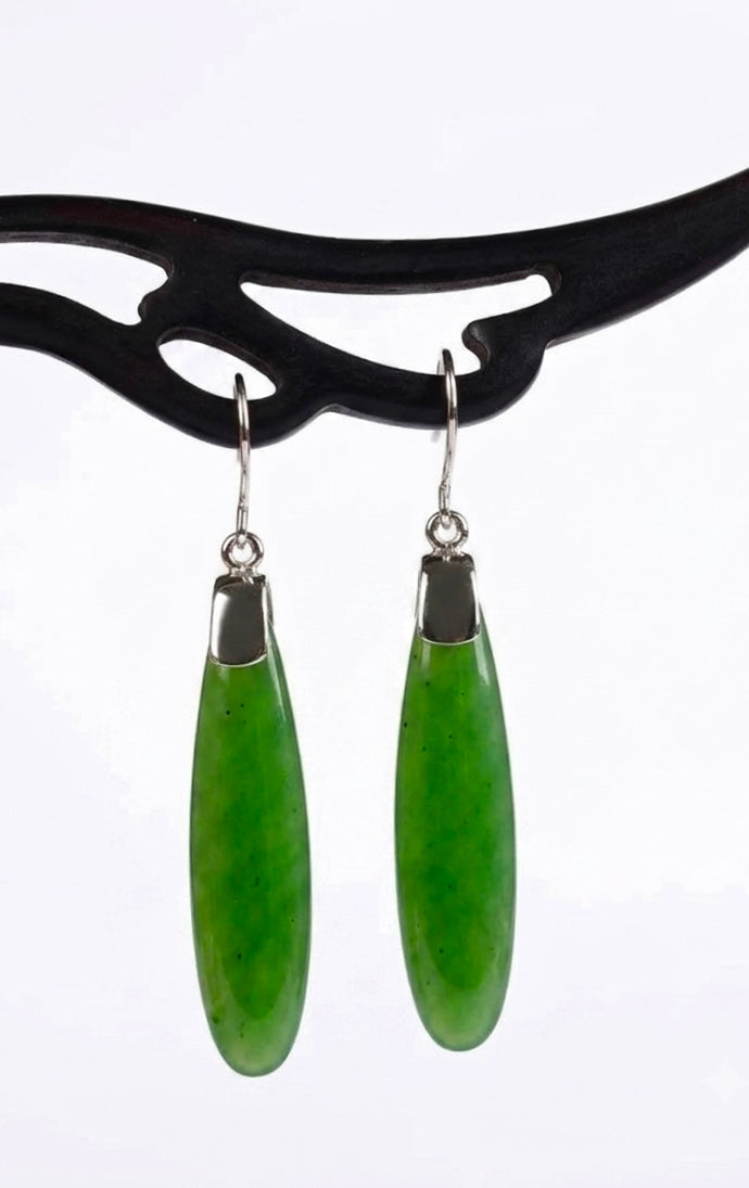 Grade AAA Canadian Nephrite Jade long teardrop earrings with 925 silver pins, available at Queen's Gems in Markham, Ontario.