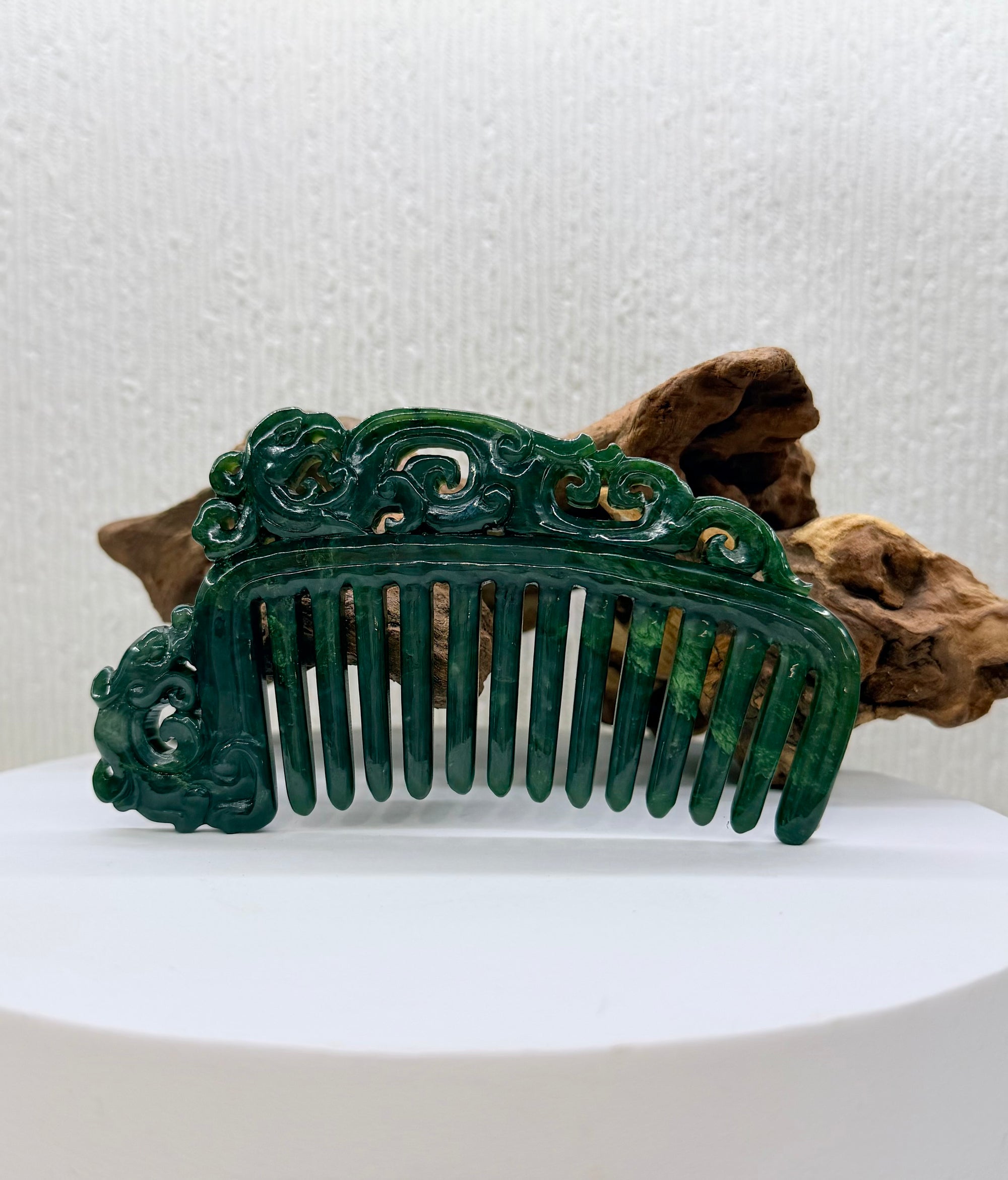 Green Nephrite Jade Hair Comb on stand with phoenix and dragon carvings