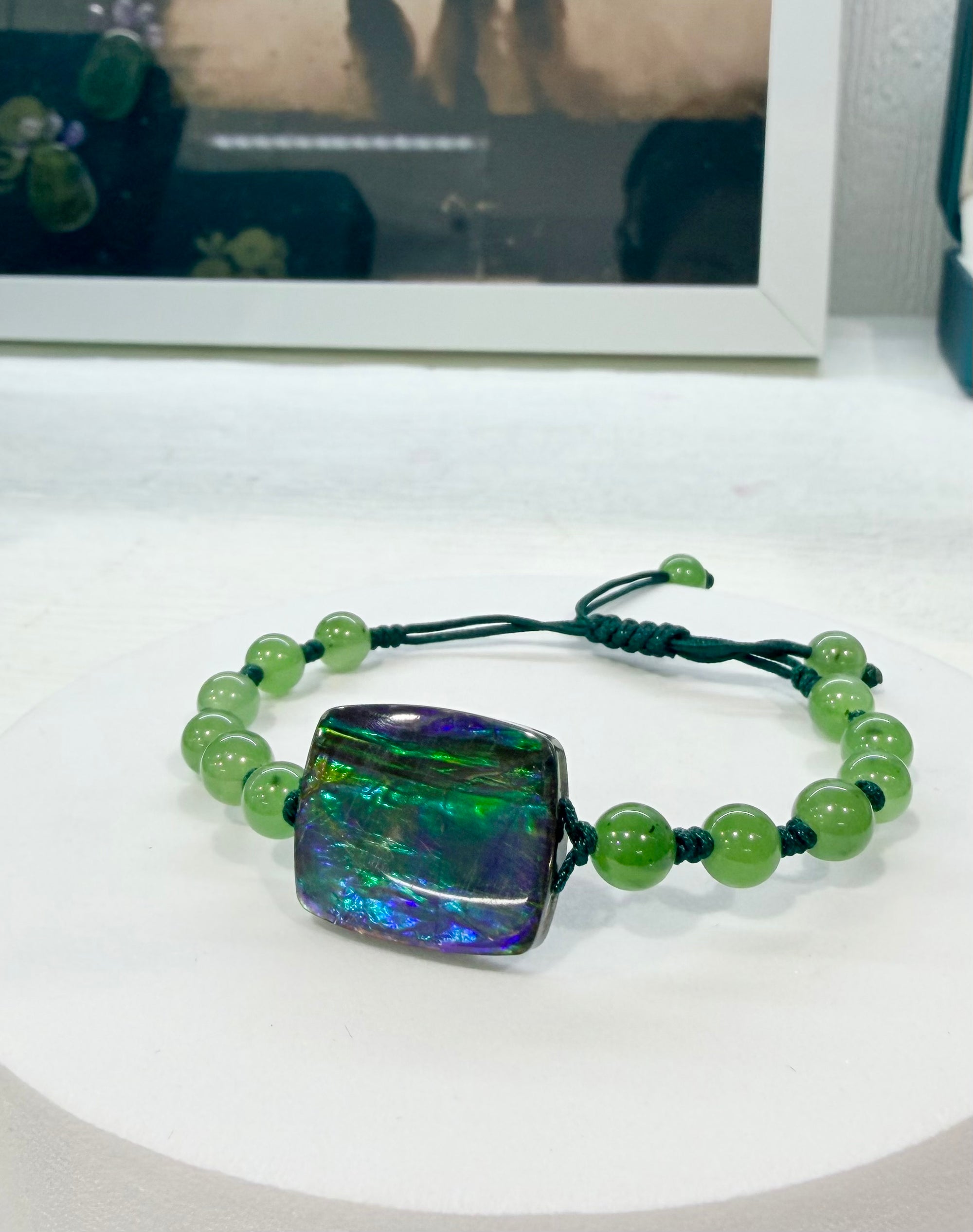 Natural Canadian Polar Jade & Ammolite Bracelet - Handcrafted Protection & Good Luck Talisman｜#3280
