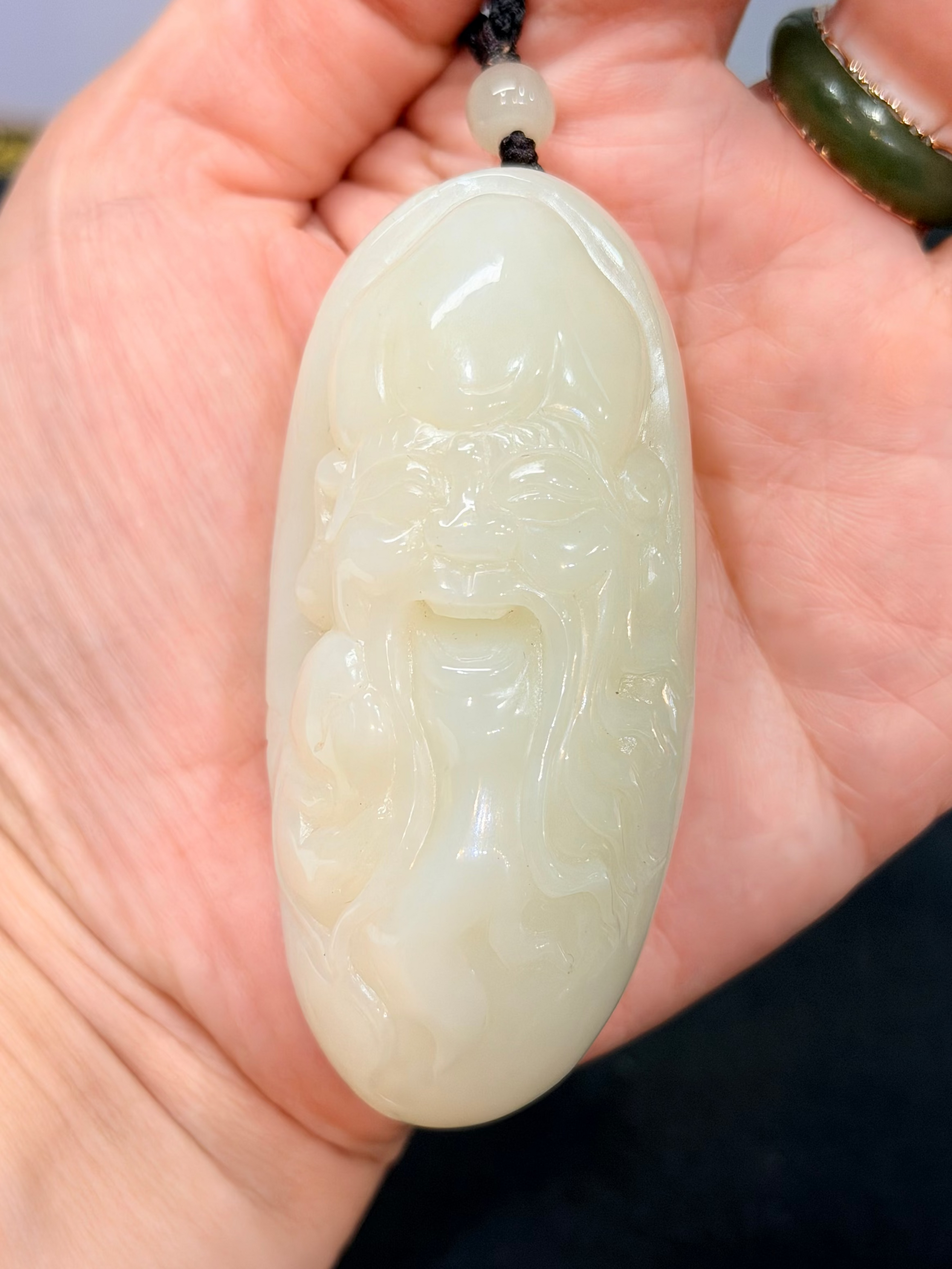 Hand-Carved Natural White Nephrite Jade Shouxing ("God of Longevity") Hand Piece | #5030