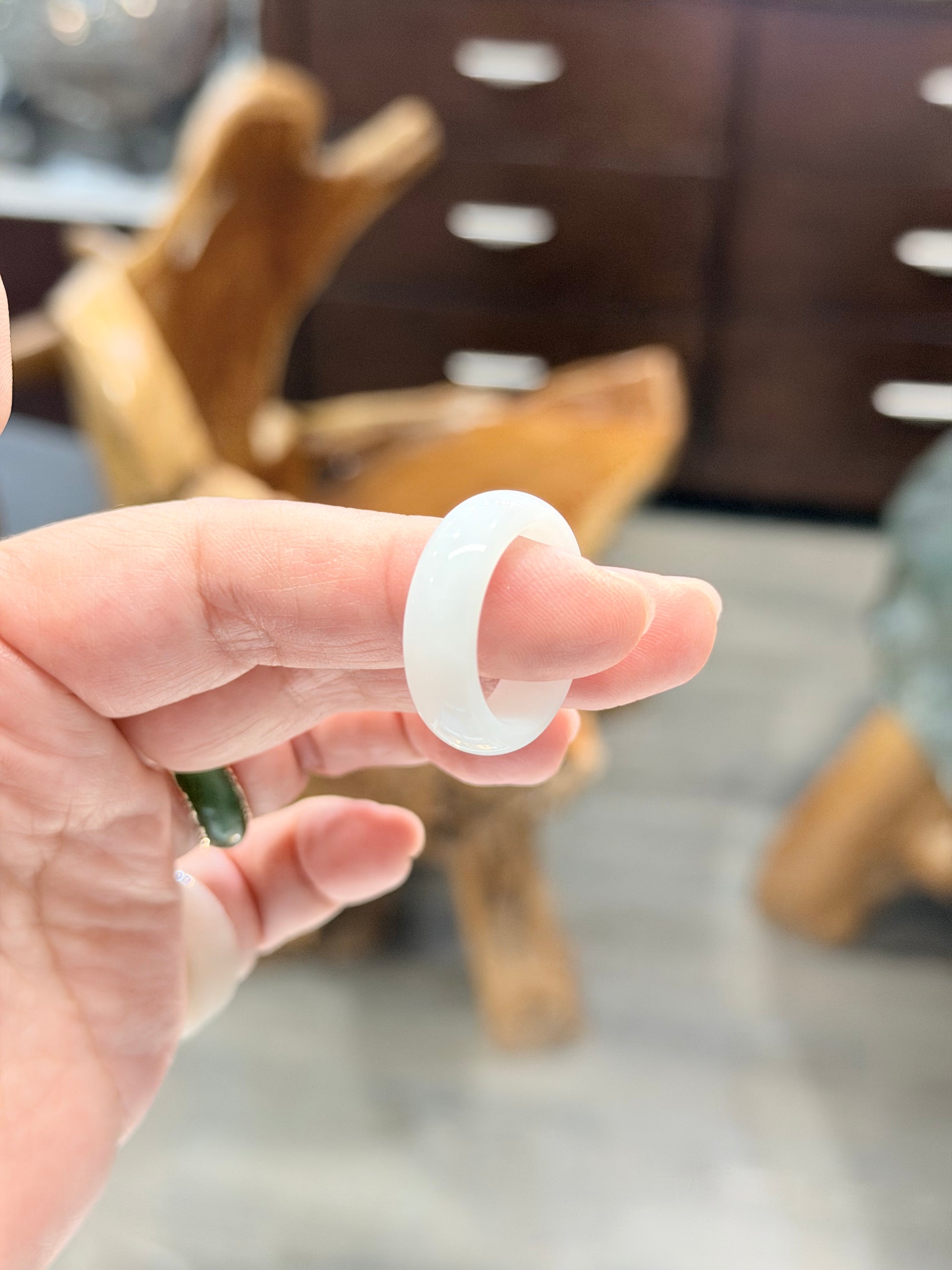Natural Hetian Nephrite Jade Domed Wide Band Ring – White Size 9| Certified in Canada|#5035