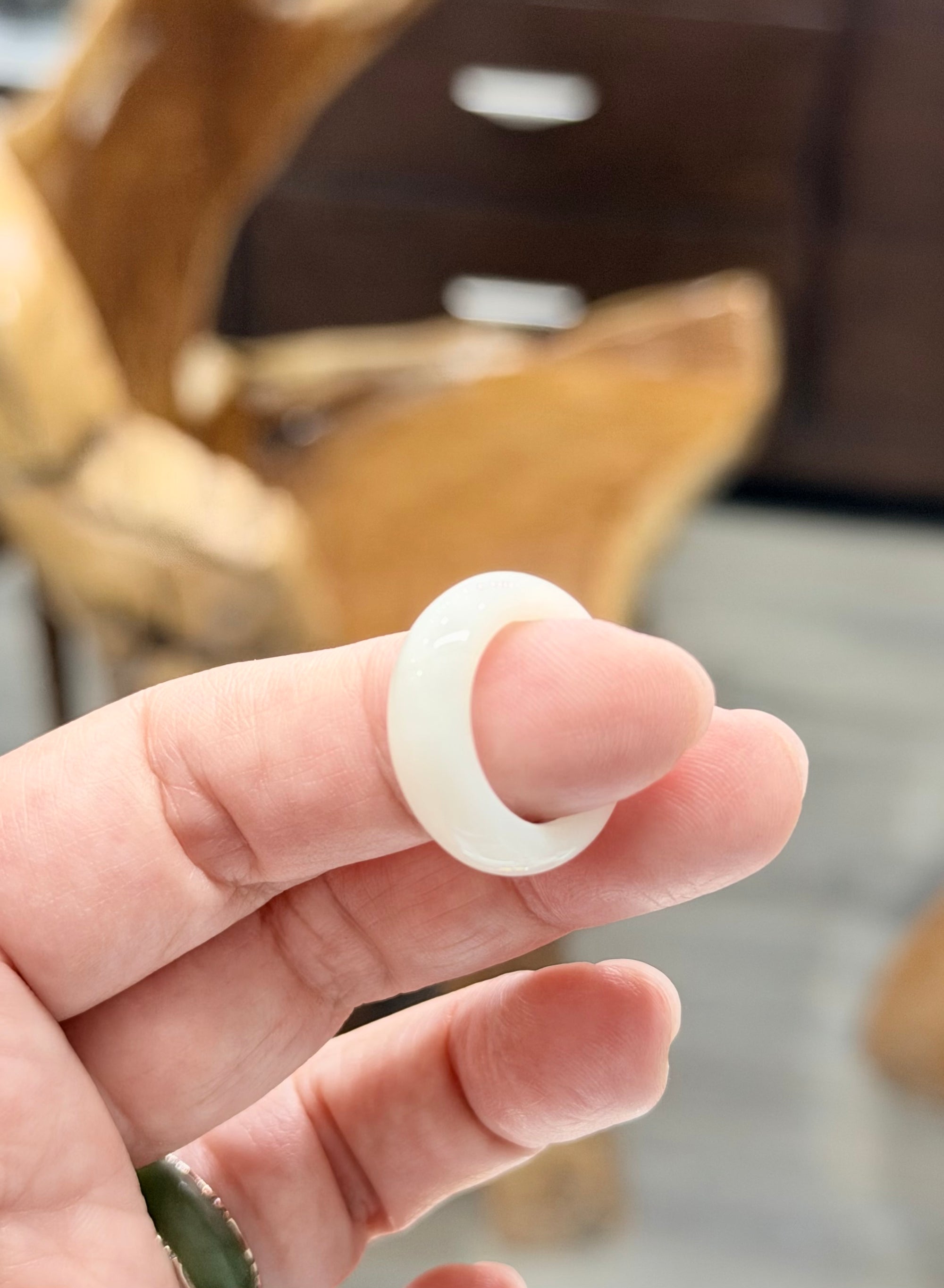 Natural Hetian Nephrite Jade Domed Wide Band Ring – White Size 5| Certified in Canada|#5037