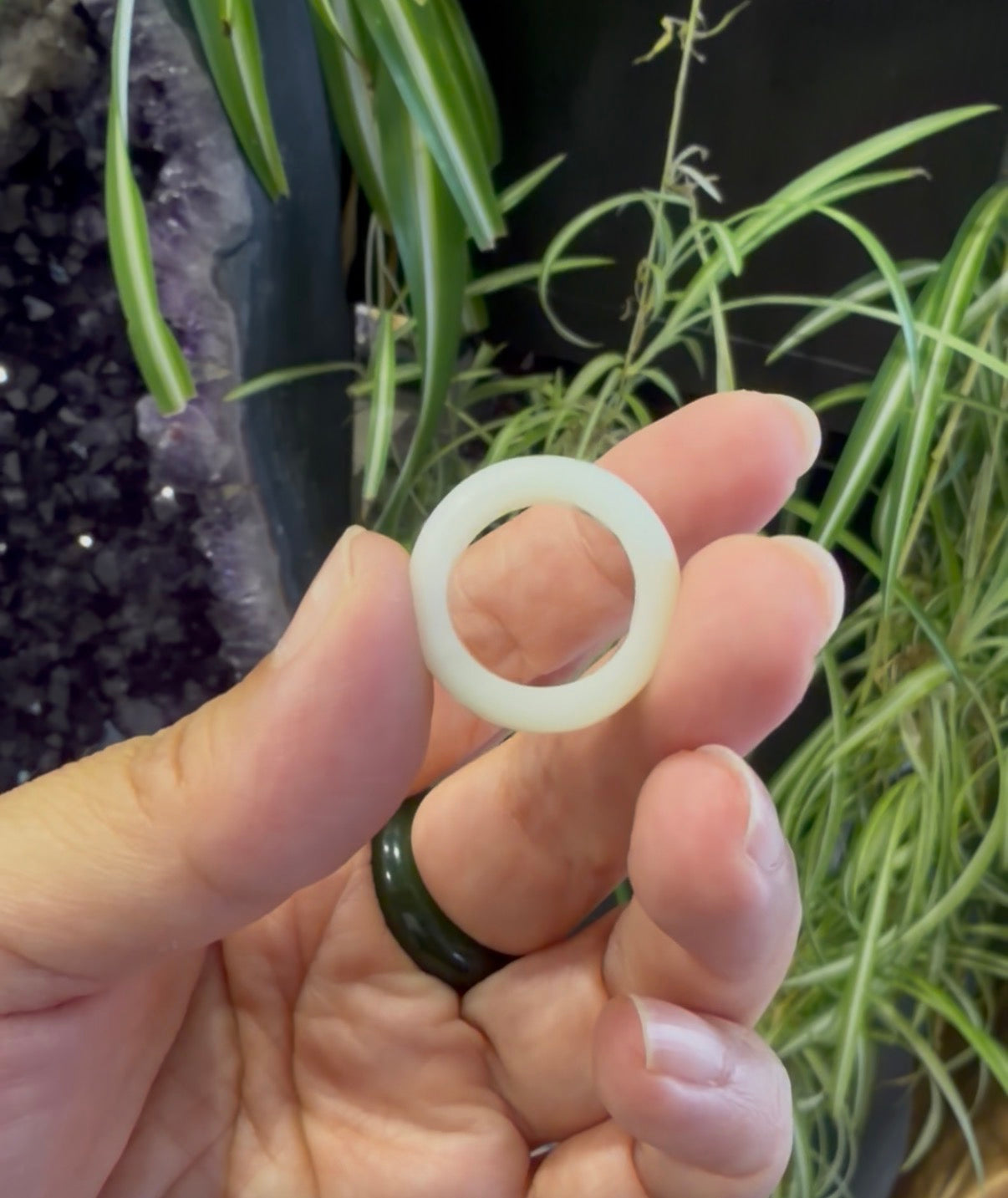 Natural Hetian Nephrite Jade Domed Wide Band Ring – White Size 5| Certified in Canada|#5058