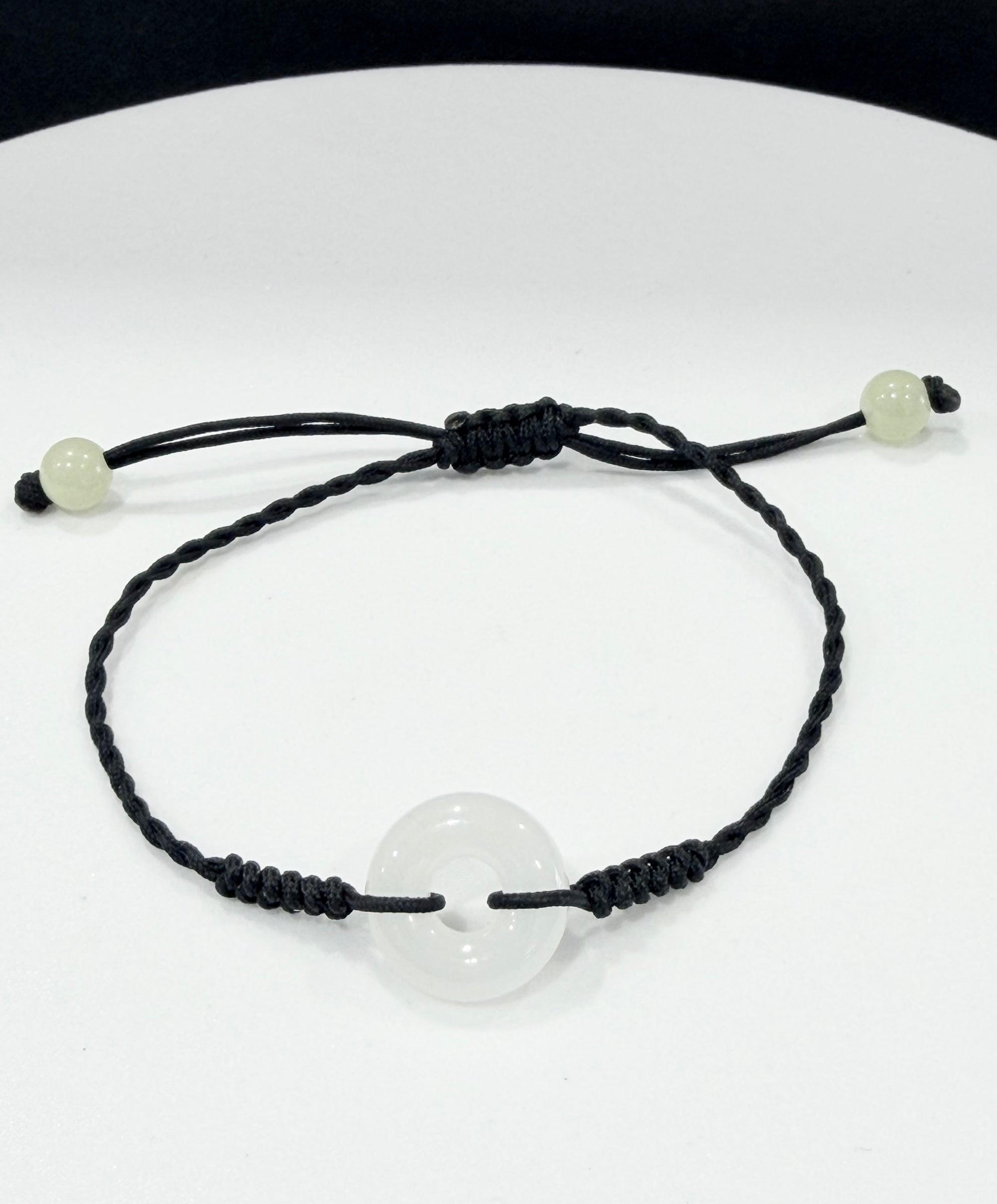 White Jade Bracelet Peace Buckle Ping An Kou Eternal Harmony Top Grade Black Cord Natural Jade #2900