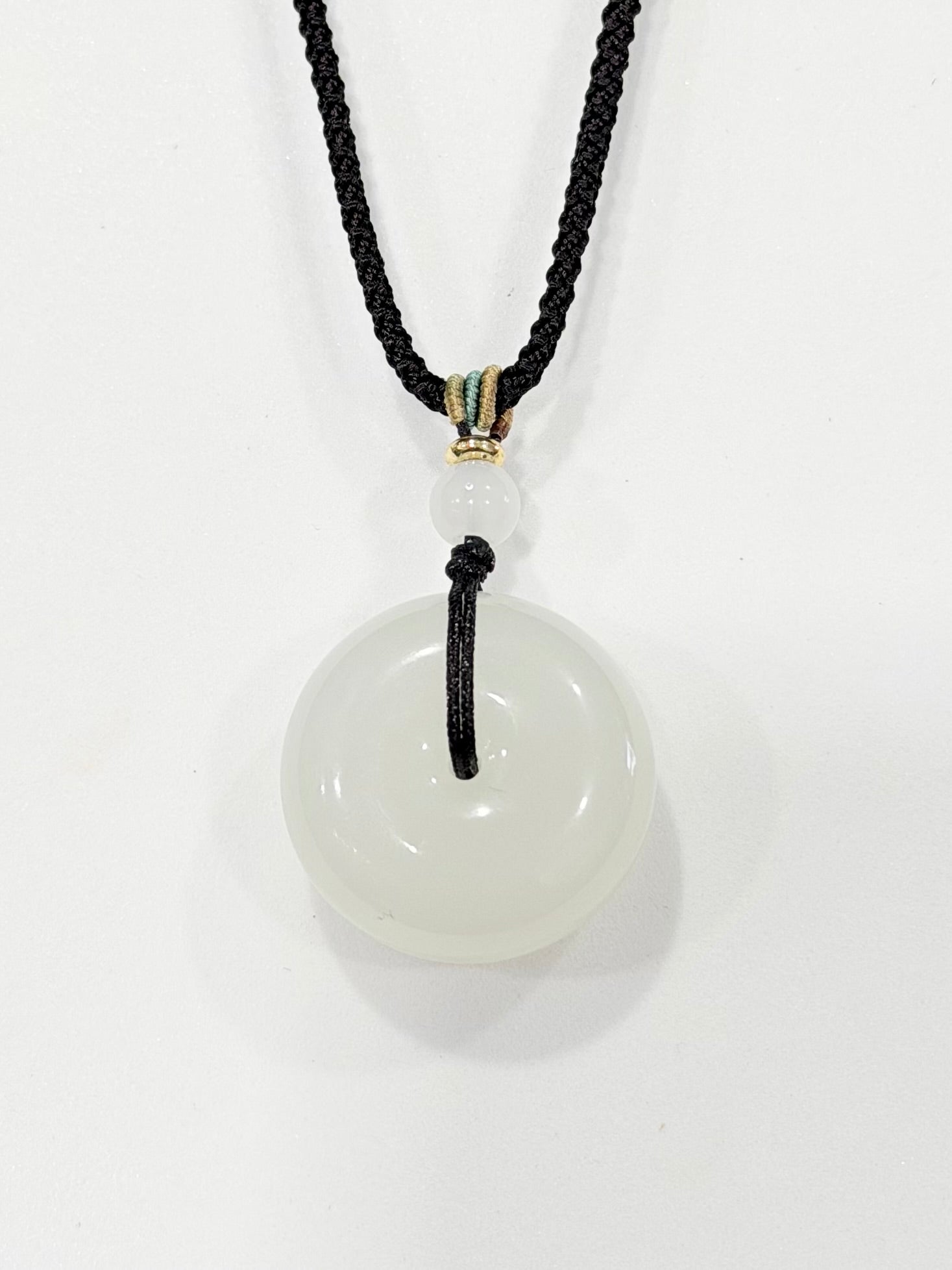 Natural Siberian White Jade Donut Pendant AA Grade - Ping An Kou (Harmony Peace Buckle, Jade Donut) Nephrite Jade Necklace 25mm | #1516