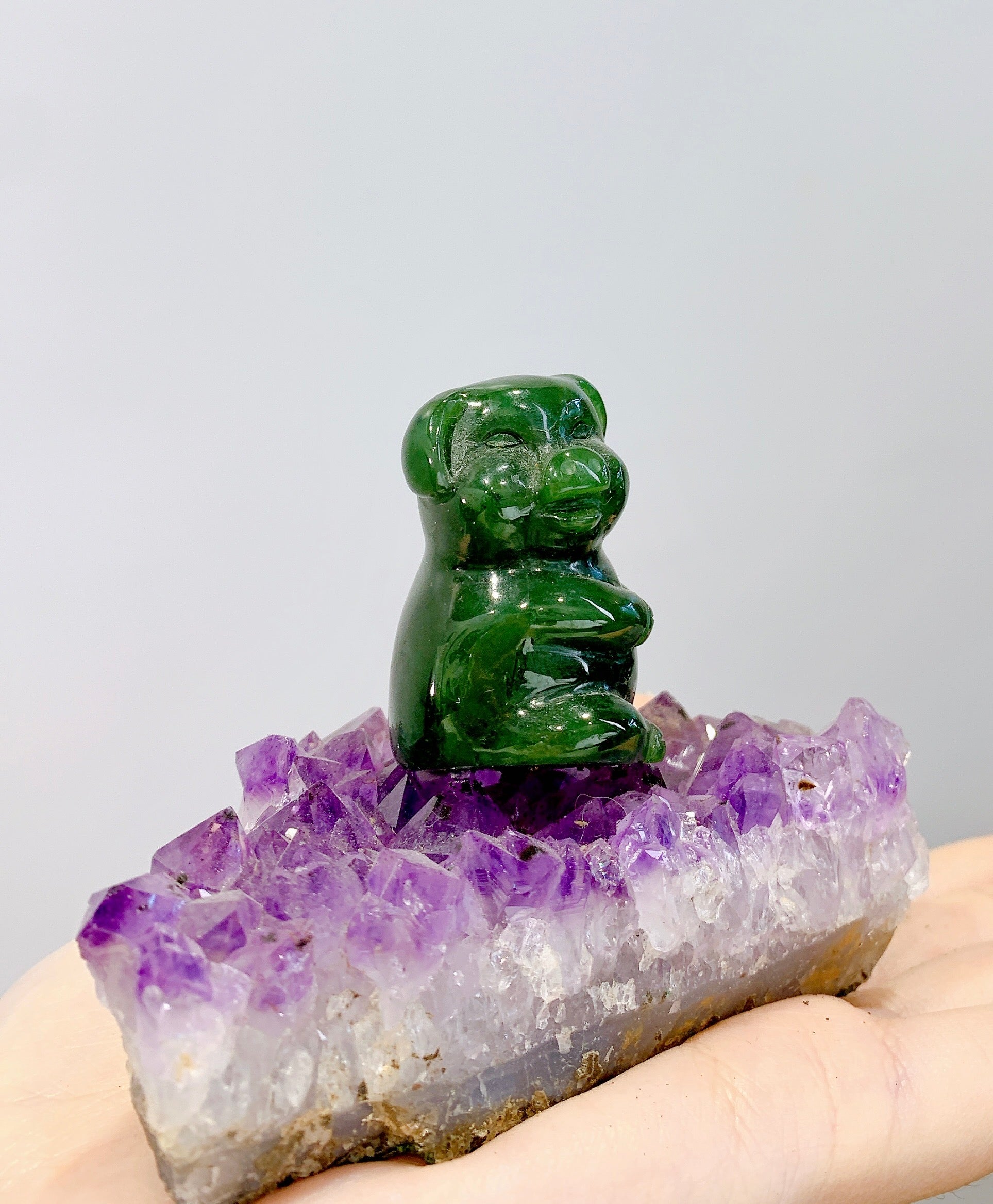 Jade Lucky Piggy Banks on Amethyst Display #2332