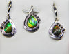 Ammolite earrings and pendant set. Green, yellow and red, triple color