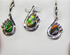 Ammolite earrings and pendant set. Green, yellow and red, triple color