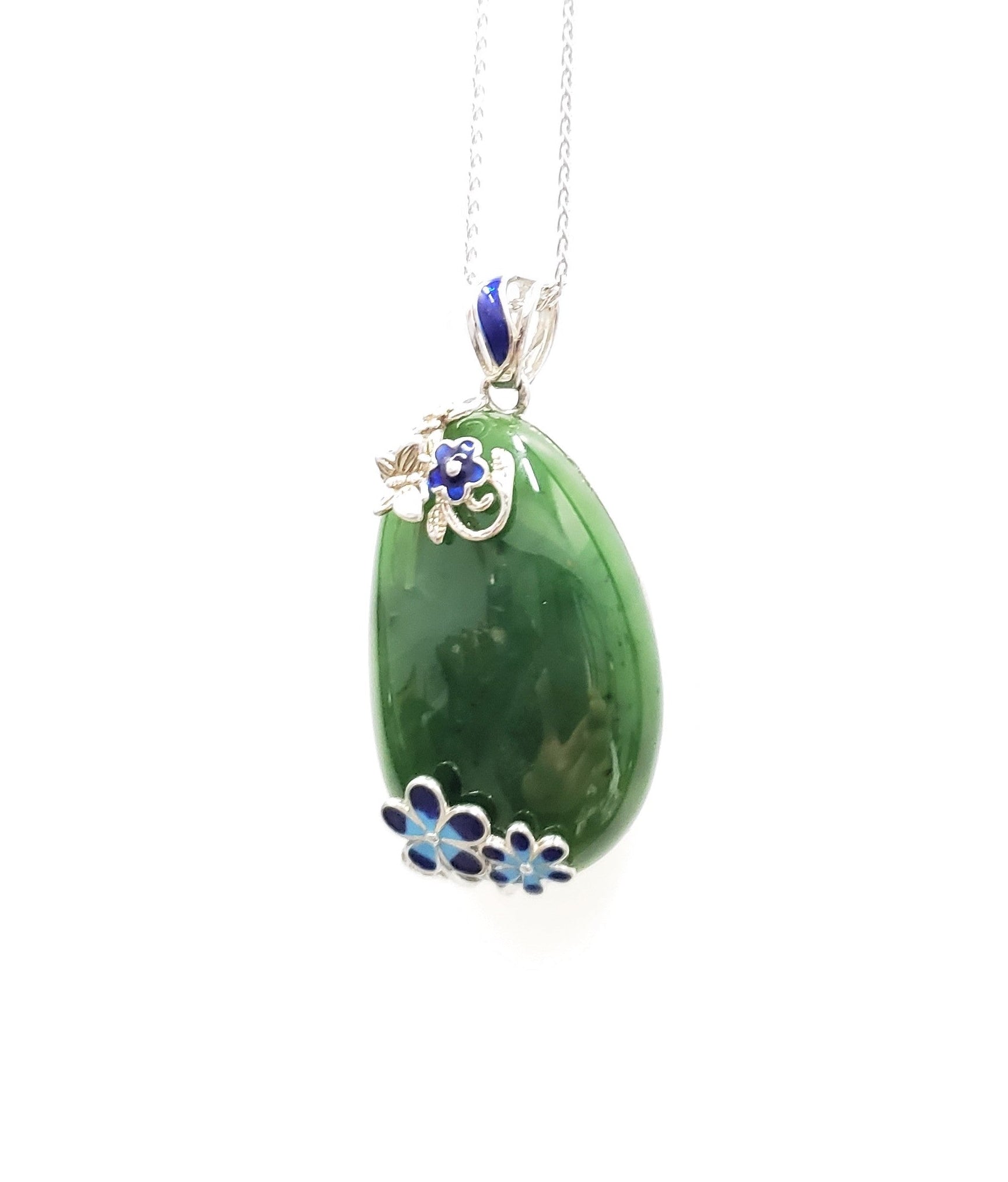 Jade Pendant Flower Design Silver Wire Inlay Enamel Natural Jade ｜#1778