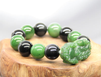 14mm Jade Pixiu and Obsidian Beaded Bracelet #2071