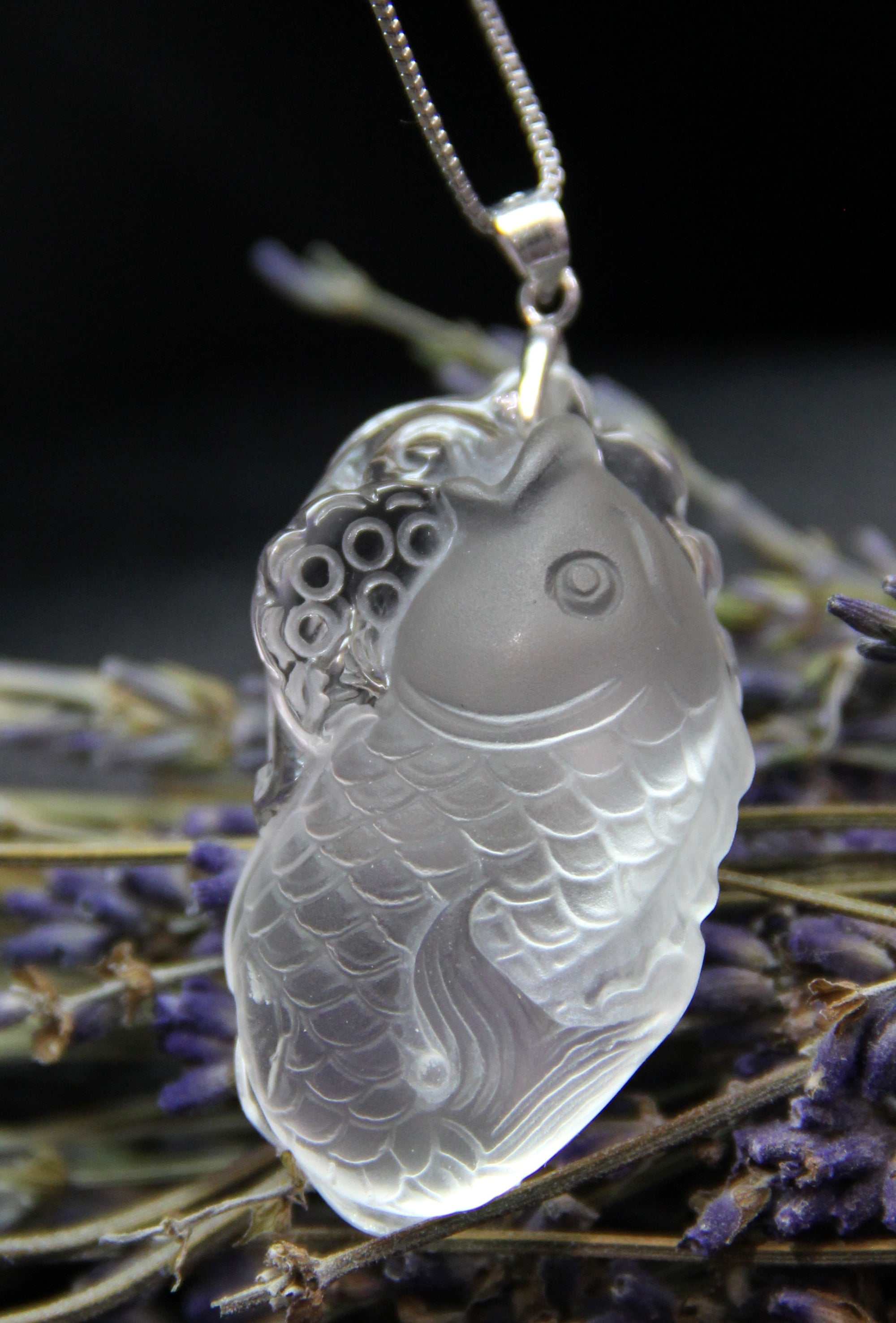 Fish And Lotus Leave White Crystal (Rock Crystal) Pendant #1828